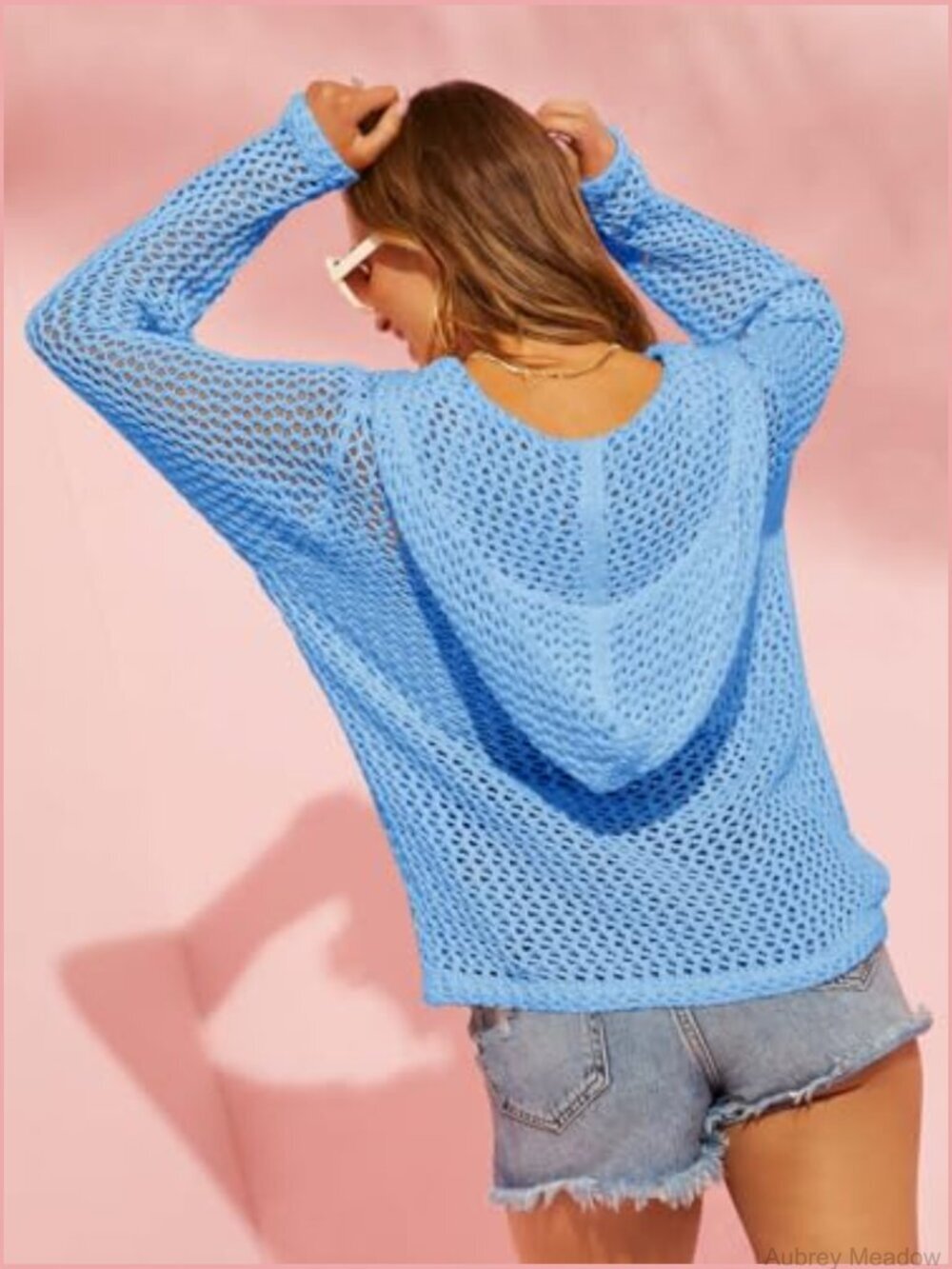 Crochet Lightweight Cardigan Zip Up Hooded Long Sleeve Knit Sweater Beach Cover - Picture 5 of 5